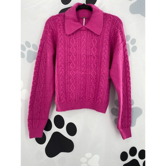 Free People NWT Every Cloud Pullover Cable Knit Collared Sweater Fuchsia Lrg New - Picture 3 of 12